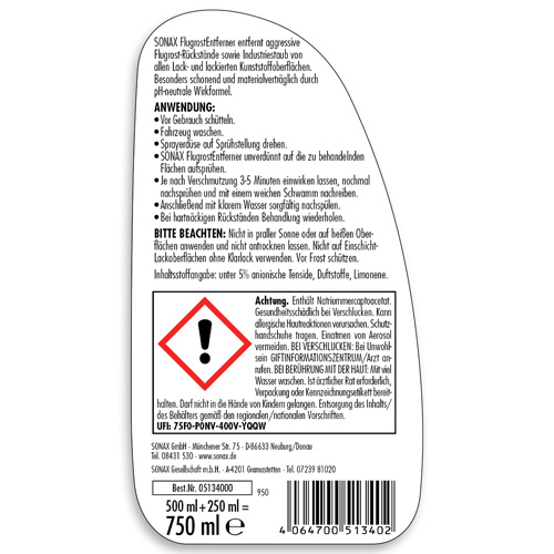 SONAX 05134000 Flugrostentferner Aktionsgröße 750ml